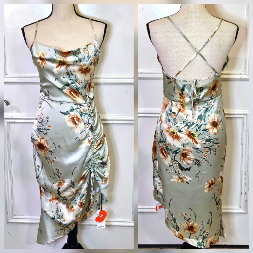 Cider Green Satin Multicolor Floral Asymmetrical Midi Slip Dress,Medium,NWT - Picture 3 of 16